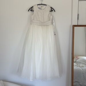 NWT Dessy Girl ivory flower girl dress size 14 satin tulle sash bow